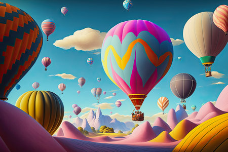 ai midjourney illustration of colored hot air balloons in a rocky fantasy landscapeの素材