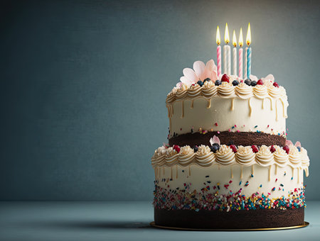ai midjourney generative illustration of a decorated birthday cake with candles against gray background with copy spaceの素材