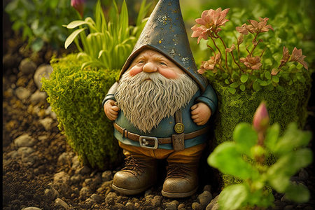 ai midday illustration of a small cute garden gnome in a green garden landscapeの素材