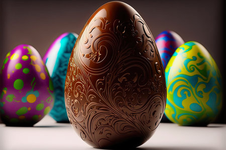 ai midjourney generated illustration of an ornamented chocolate egg, in the background are colorful eggsの素材