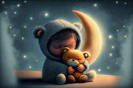 ai midjourney illustration of a child holding and kissing a teddybear in front of a moonscapeの素材