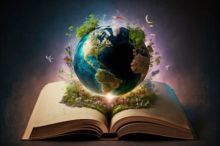 ai midjourney generative illustration of the world over a book, symbol for the knowledge of the worldの素材
