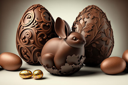 ai generated mid-journey illustration of chocolate eggs and a brown easter bunnyの素材