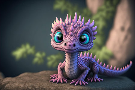 ai midjourney generative illustration of a cute violet colored baby dragon lookingの素材
