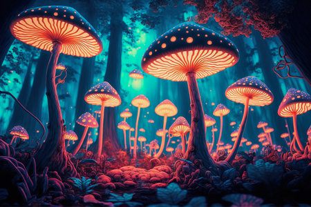 ai mid-journey illustration of giant glowing lit mushrooms in a forestの素材