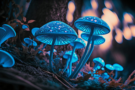 ai midday illustration of blue glowing lit mushroomsの素材