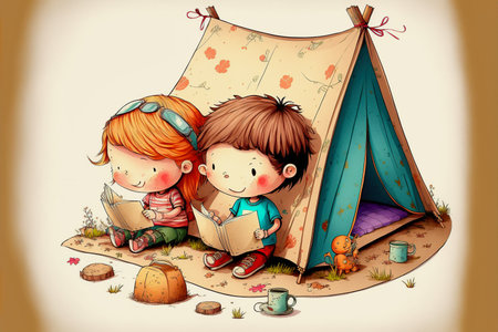 ai midjourney illustration of a cartoon with a boy and a girl reading and sitting in front of their tentの素材
