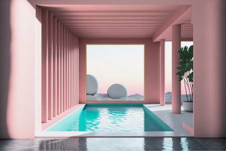 Pool in modern pink room with view to a landscape, ai mid-journey generated illustrationの素材