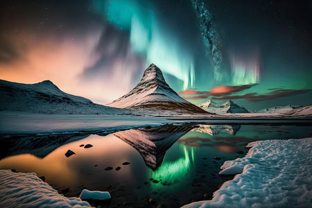 northern lights over a stunning landscape with water reflection, ai generated illustrationの素材