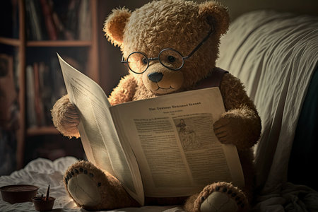 ai midjourney generated illustration of a cute teddybear reading a newspaperの素材