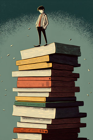 a cartoon male person is standing on a stack of books, ai generative illustrationの素材