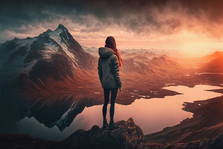 Midjourney generated illustration of a young woman standing on a high moutain and looking over a lake during sunsetの素材