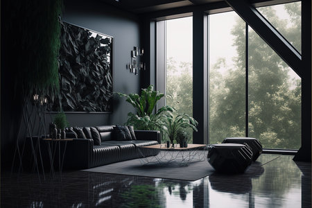 ai generated illustration of a living room with black interior and green plantsの素材