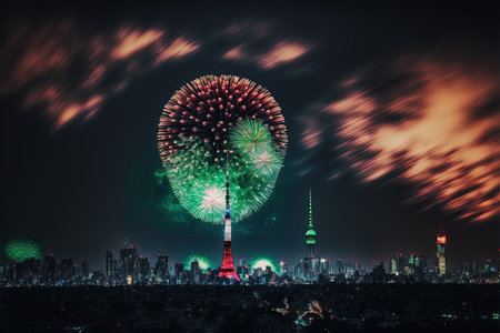colorful abstract midjourney illustration of Tokyo on New YearÂ´s eve with fireworks over the cityの素材