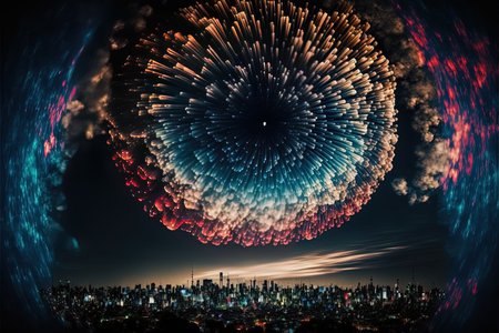 colorful abstract midjourney illustration of Tokyo on New YearÂ´s eve with fireworks over the cityの素材