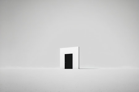 ai generated minimalistic illustration of a white wall with a black door in the middle of a white background, copy spaceの素材