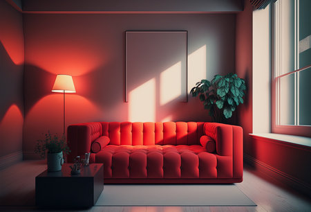 ai midday illustration of a red sofa in a modern flatの素材