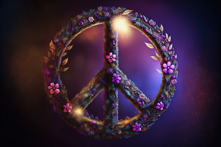 ai generated midjourney illustration of a beautiful decorated peace symbol on dark backgroundの素材