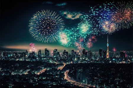 colorful abstract midjourney illustration of Tokyo on New YearÂ´s eve with fireworks over the cityの素材