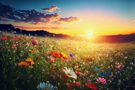 beautiful ai generated background illustration with flowers on a meadow in summer during sunsetの素材