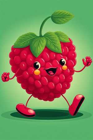 ai generated mid-journey illustration of a raspberry with laughing face, big eyes, arms and legsの素材