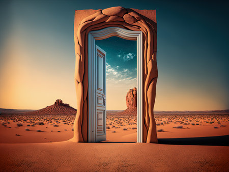 ai mid-journey generated illustration of a door frame in barren whimsical dry landscapeの素材