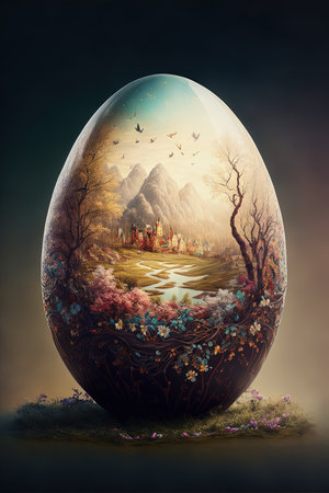 ai midday illustration of an easter egg decorated with a fantasy landscapeの素材