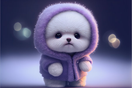 ai generative midjourney illustration of a cute fluffy white puppy in a violet cardiganの素材