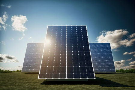 Photovoltaic power plant on a sunny day - Solar Energy concept of sustainable resourcesの素材