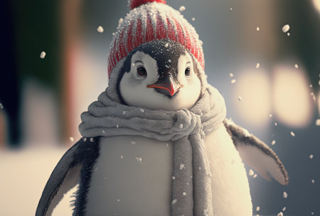 AI generative illustration of a cute penguin with bubble hat in a winter landscapeの素材
