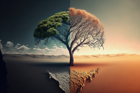 midjourney ai generative illustration of a tree, one side is green and the other side is dry and arid in a warm desert, symbolizing climate changeの素材