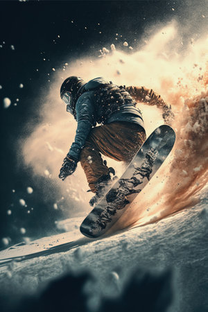 AI generative illustration of a snowboarder in action in the snowの素材