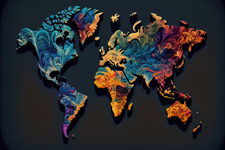 AI generative illustration of a colorful abstract map of the world on dark backgroundの素材
