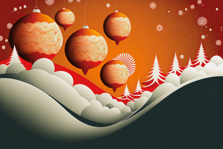 ai generative christmas background illustration with christmas trees and christmas baubles in orange white colorの素材
