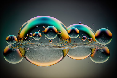 AI generative illustration of colorful soap bubbles on dark backgroundの素材