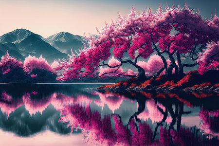 Illustration of Japanese cherry trees beside a lake and mountains