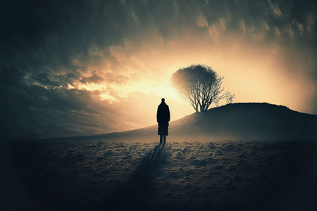 Illustration of a single male person in a dark fantasy landscape, moody lightingの素材