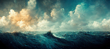 illustration of an ocean background with waves and dramatic sky, copy spaceの素材