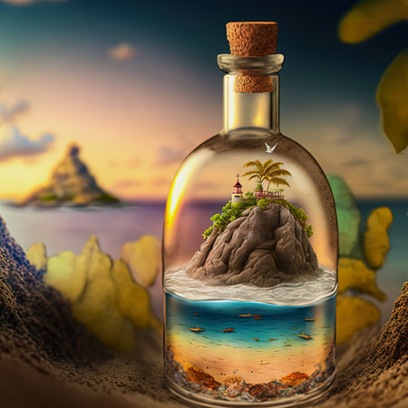 illustration of a small cute island by ocean in a glass bottleの素材