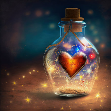 illustration of a beautiful gloomy heart in a round glass bottle on wooden table, stars aroundの素材