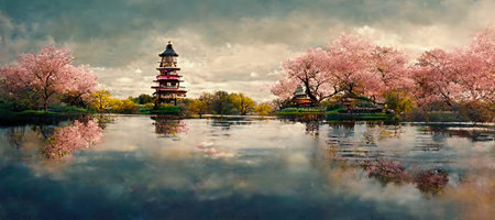 generative ai illustration of an asian landscape with japanese cherry treesの素材