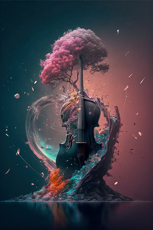 ai midjourney illustration of an abstract symbol for music with a large cello and a Japanese cherry tree growing around, water reflectionの素材