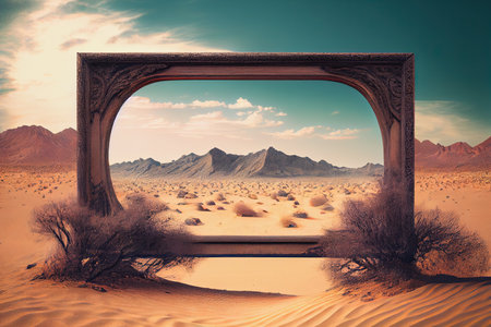midday illustration of a frame in a desert landscapeの素材