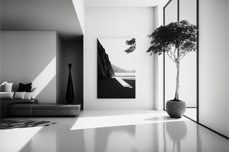 ai midjourney illustration of a modern room interior in blackk and white, living room with a sofaの素材