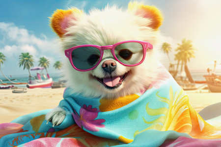 generative ai illustration of a cute white puppy with sunglasses in a colorful beach towel in front of a blurred beach sceneryの素材