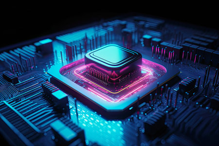 generative ai illustration of a modern computer chip in neon colorsの素材