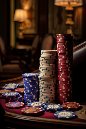 generative ai illustration of colorful stacked casino chips on a tableの素材