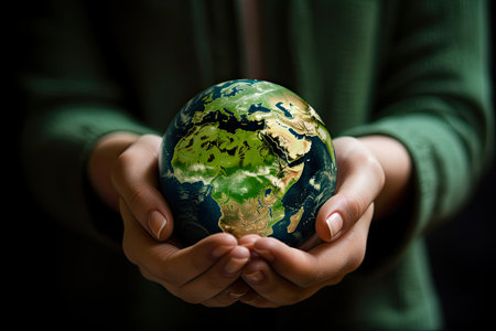 generative ai illustration of green planet earth held by child in handsの素材