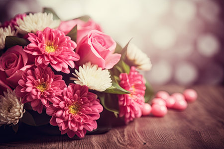 generative ai illustration of pink spring bouquet of gerbera on wooden background for mother's dayの素材