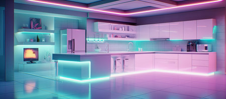 generative ai illustration of a modern pastel colored futuristic kitchenの素材